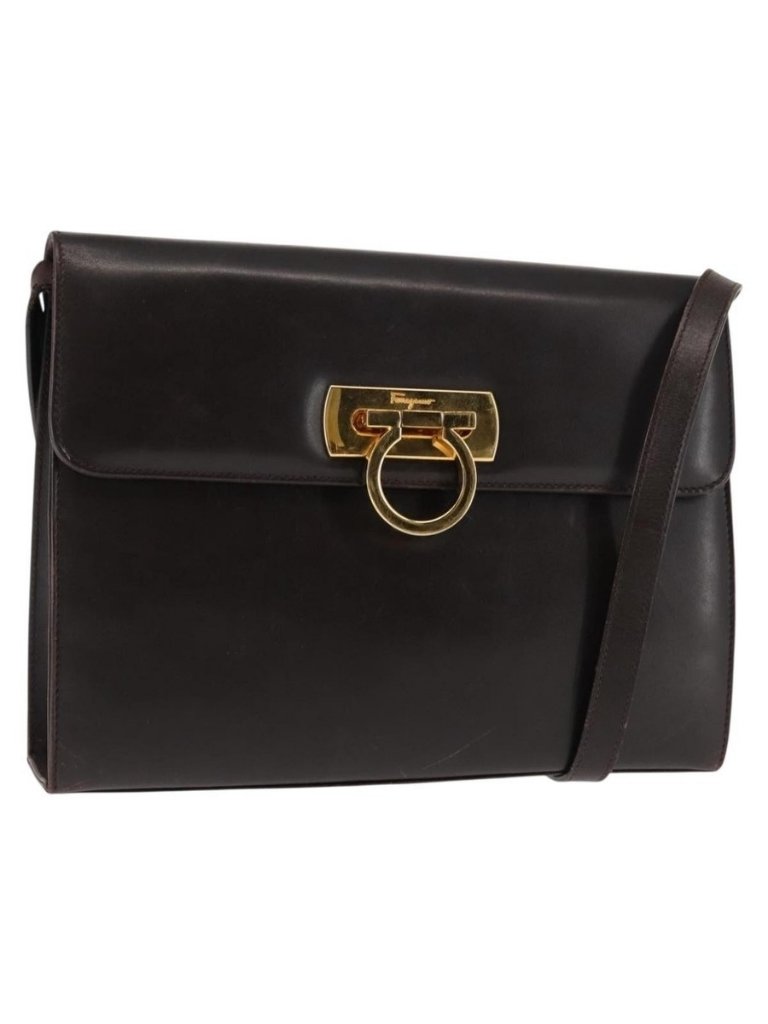 Authentic Salvatore Ferragamo Gancini Shoulder Bag Leather Brown